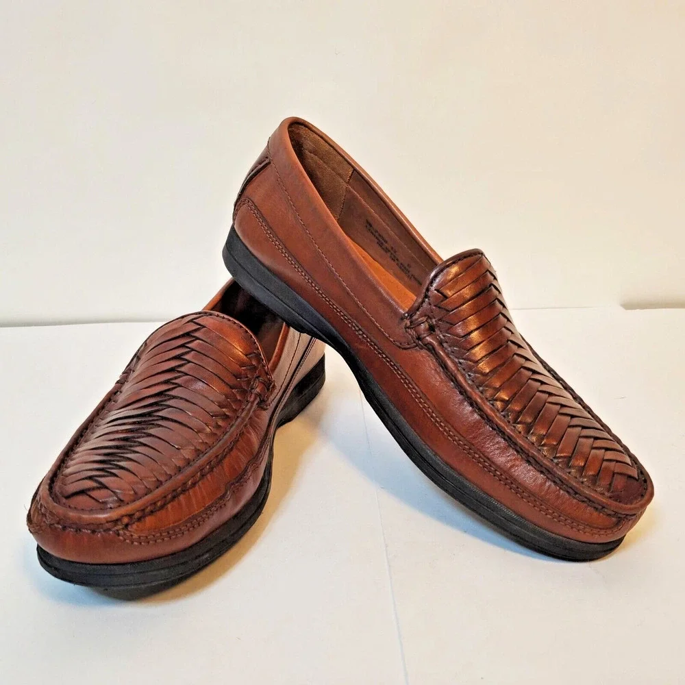 Dockers Mens SZ 12 D Brown Leather Loafers Woven Toebox Brazil 90-7358